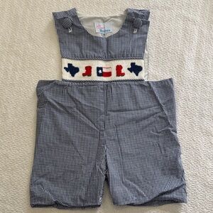 Texas Themed Blue Gingham Smocked Embroidered Kids Overalls Jumper